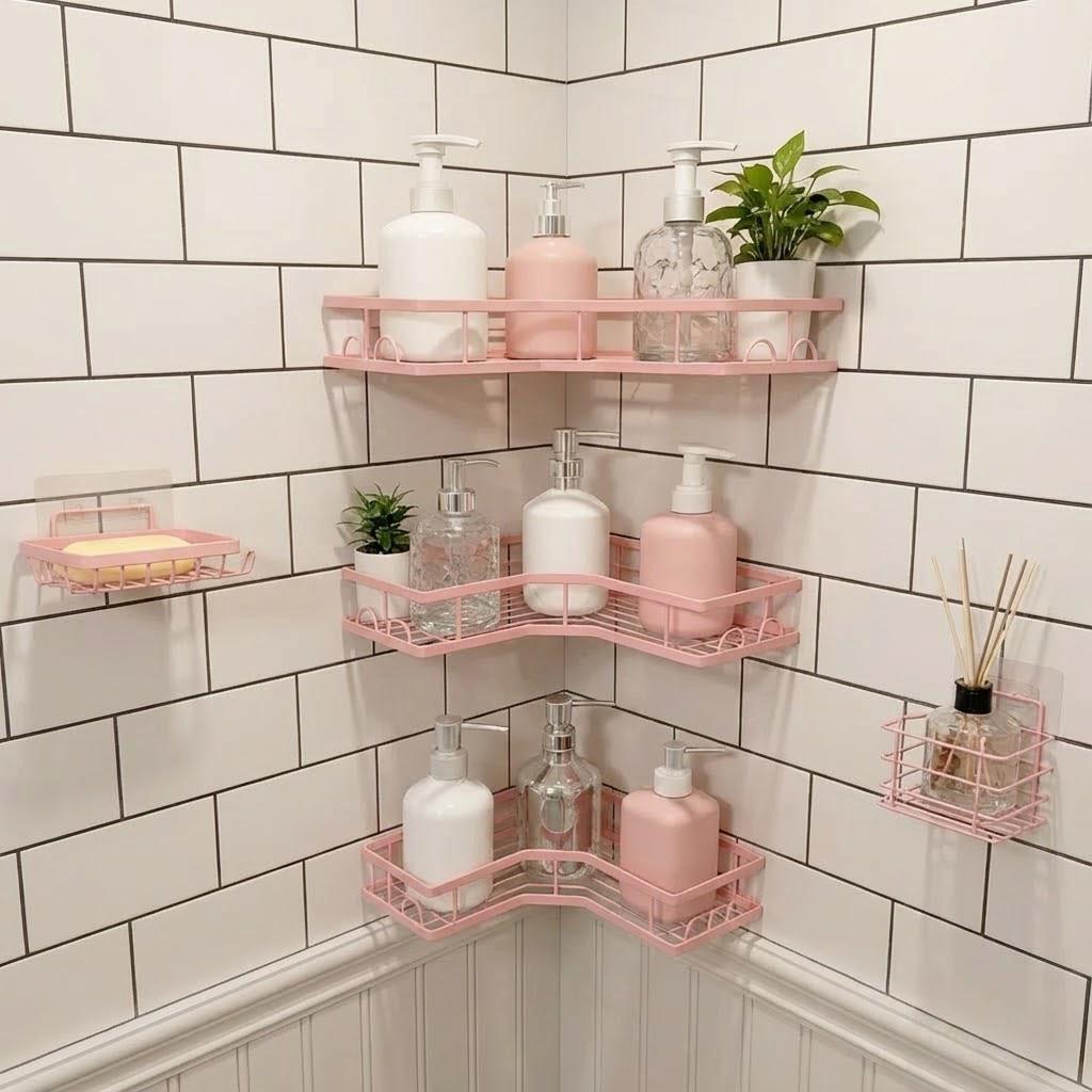 Home Essentials Bathroom Organizer - 5Pcs Minimalist Pink Shower Organizer Set