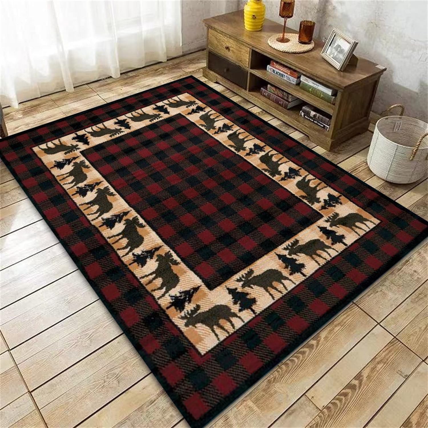 Home Toilet Bathroom Design - Rustic Red Black Plaid Moose Area