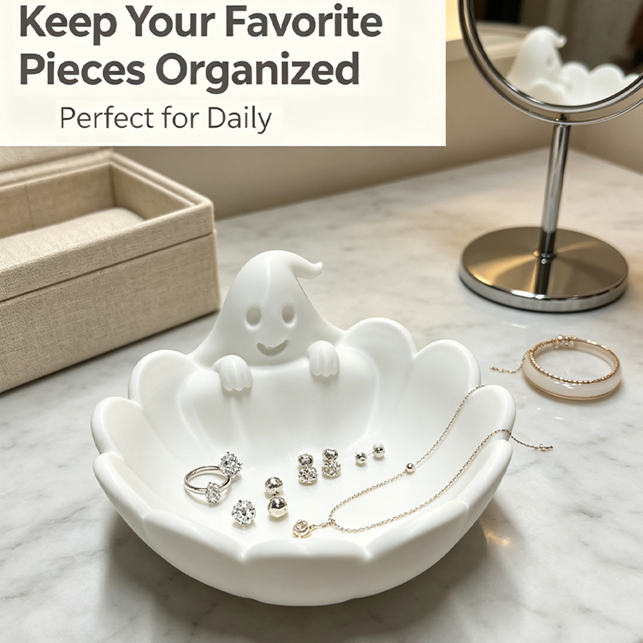 Home Essentials Bathroom Organizer - Matte White 3D Cute Ghost-Shaped Jewelry